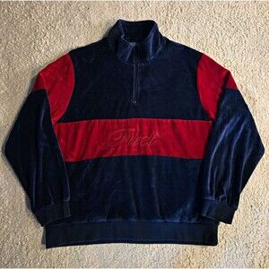 FUCT Velour Quarter Zip Sweatshirt Mens XL Navy Blue Red Script Embroidery
